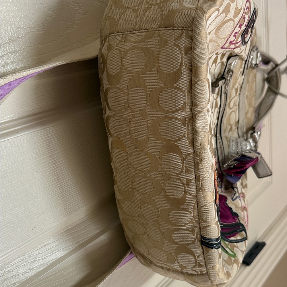 Coach Beige Signature Canvas Shoulder Bag with Purple & Orange Floral Appliqués - Picture 8 of 16